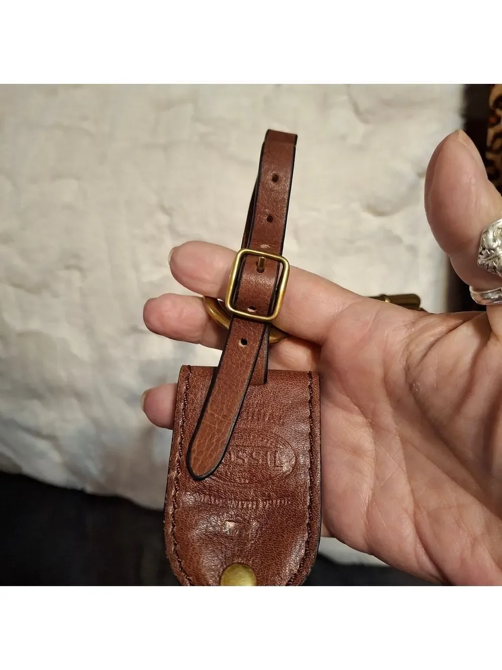 Fossil Brown Leather Hangtag Luggage Tag Key Holder with Brass Accents